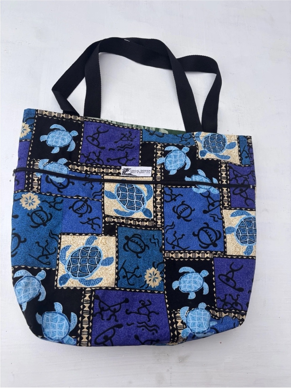 Local Design Hawaii Reversible Tote Bag Blue Sea Turtle Green Tropical Palm Leaf